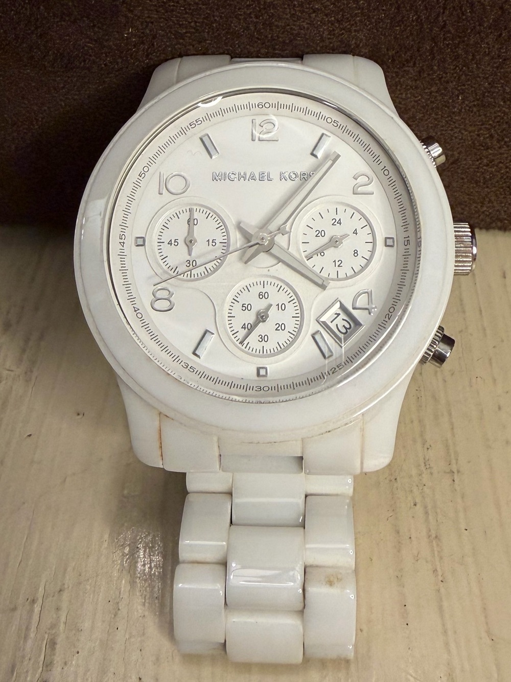 Michael Kors MK5161 White Ceramic Chronograph Runway Bracelet Watch w/ Subdials - Picture 2 of 12